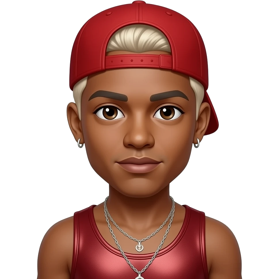 Raz-B from B2K with dark brown eyes, platinum blonde caesar cut hair, red hat, deep red metallic tank top, necklace and earrings emoji