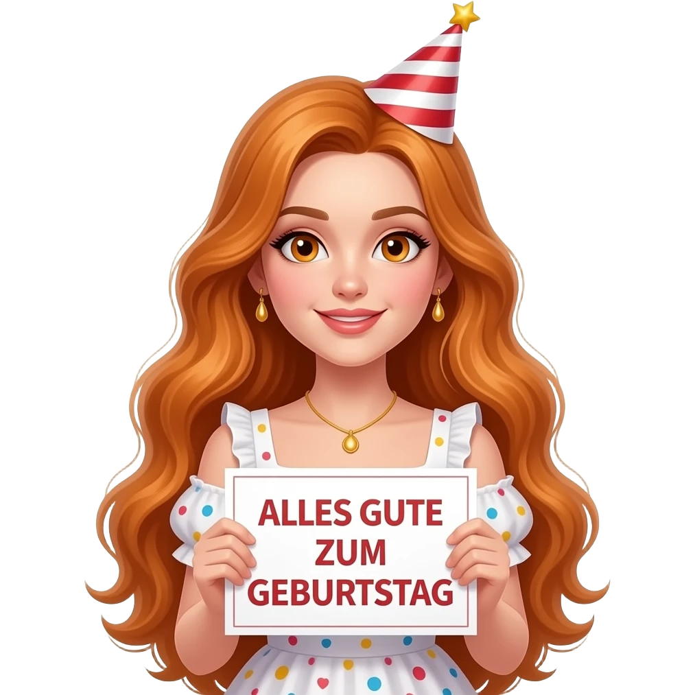 sexy girl with overlong ginger hair and ginger eyes wearing a birthday dress holding a ALLES GUTE ZUM GEBURTSTAG sign emoji