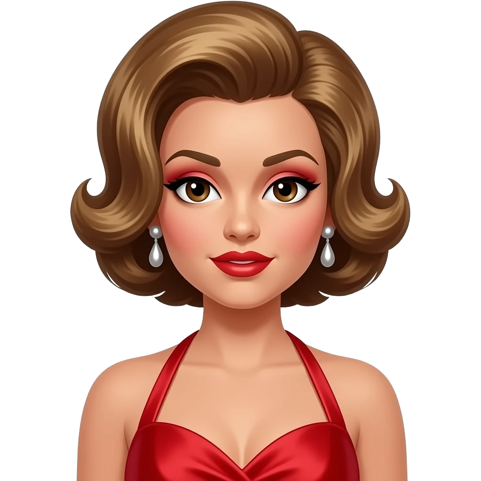 Mary Wells with dark brown eyes, golden brown 60s beehive hair, red eyeshadow and lipstick, red silk halter dress, silver earrings emoji