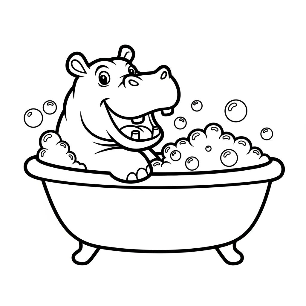 vector art with outline of happy hippo with bubbles in bathtub emoji