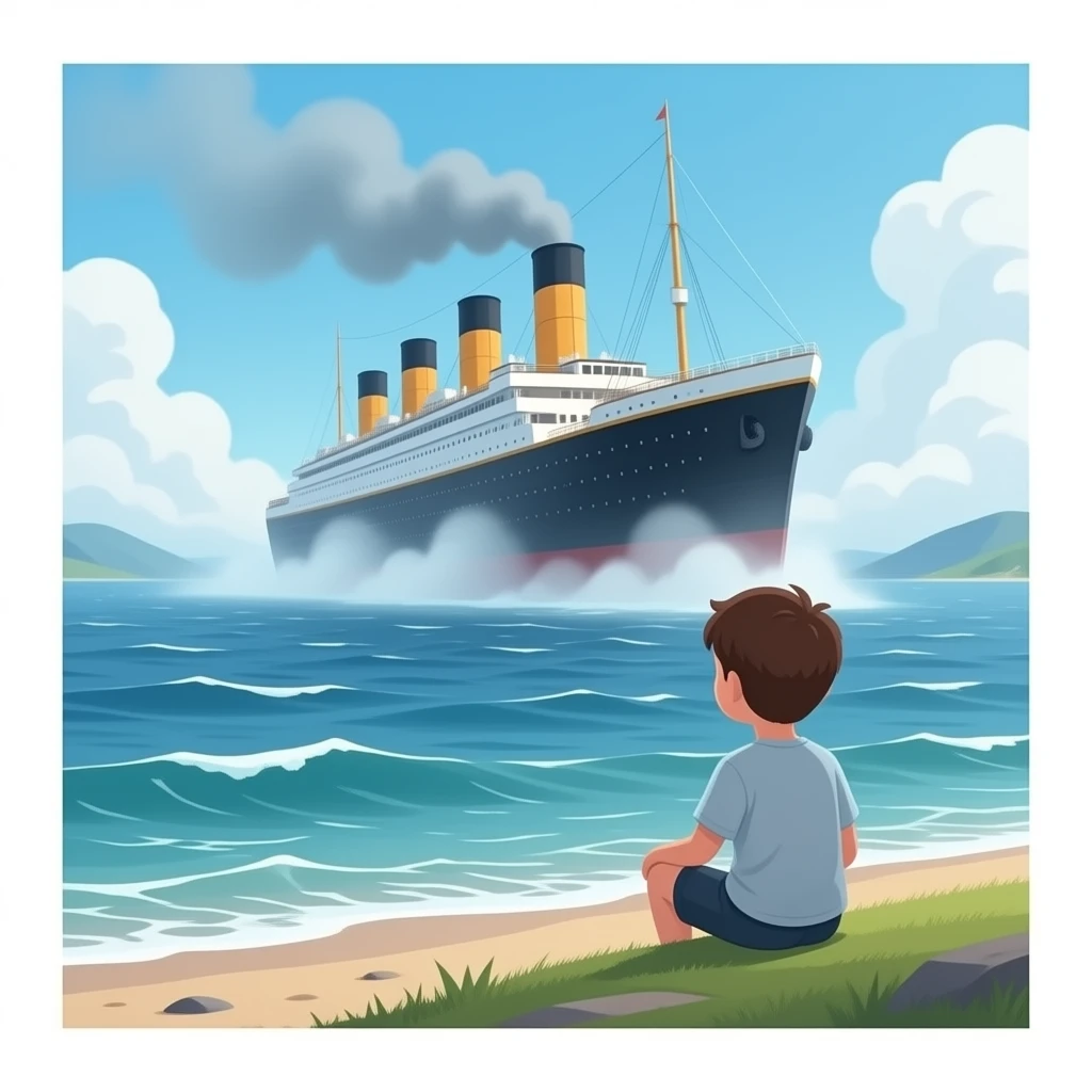 The ghostly Titanic ship floats above the sea while a boy on the shore watches the scene - cut scene emoji