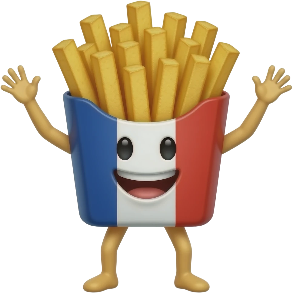 une frite française qui danse les bras en l'air avec un visage style emmanuel macron emoji