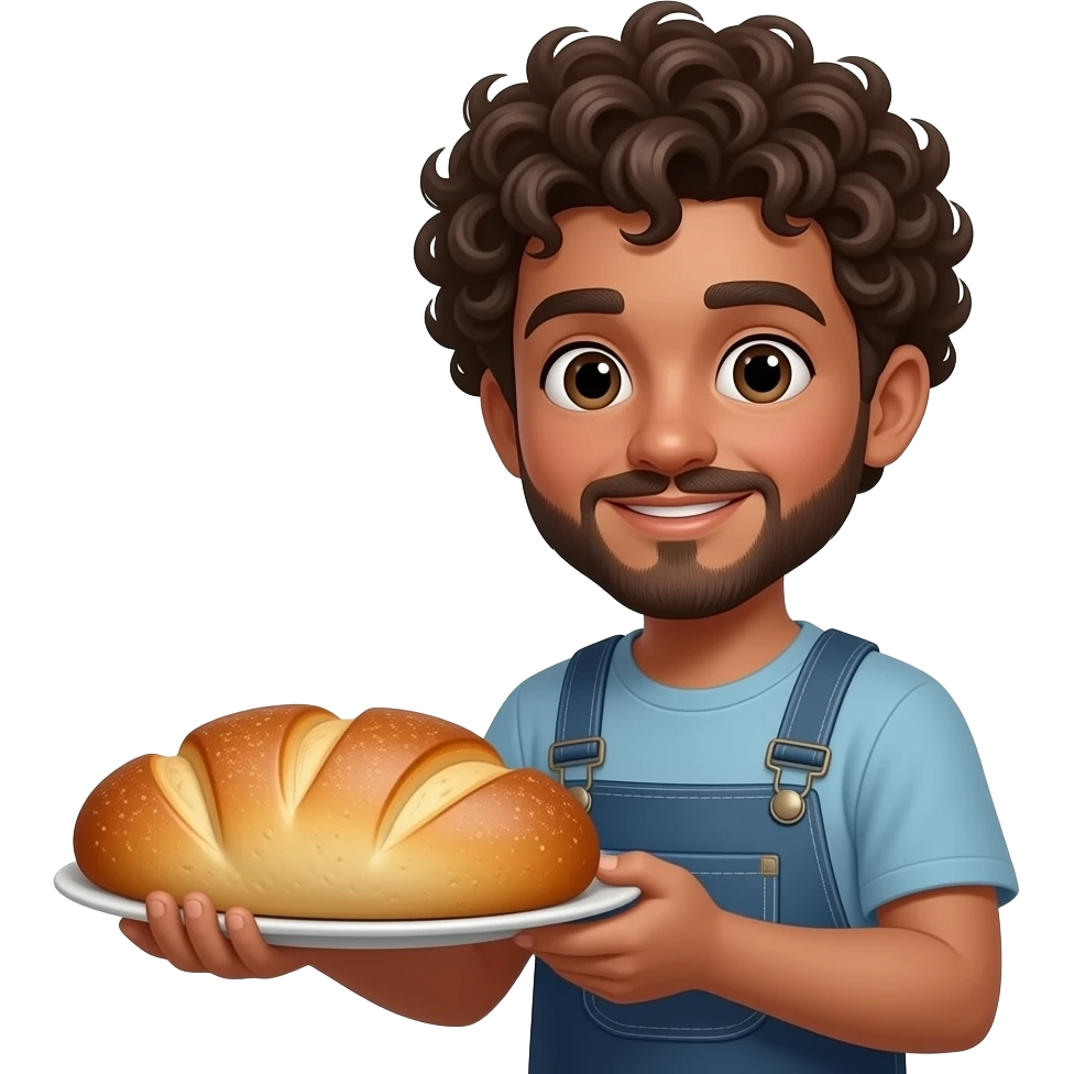 Un garçon bronze avec bouc et Moustache les cheveux bouclés serveur pas habiller en noir mais normzle qui sert un tasty crousty UN TASTY CROUSTY emoji