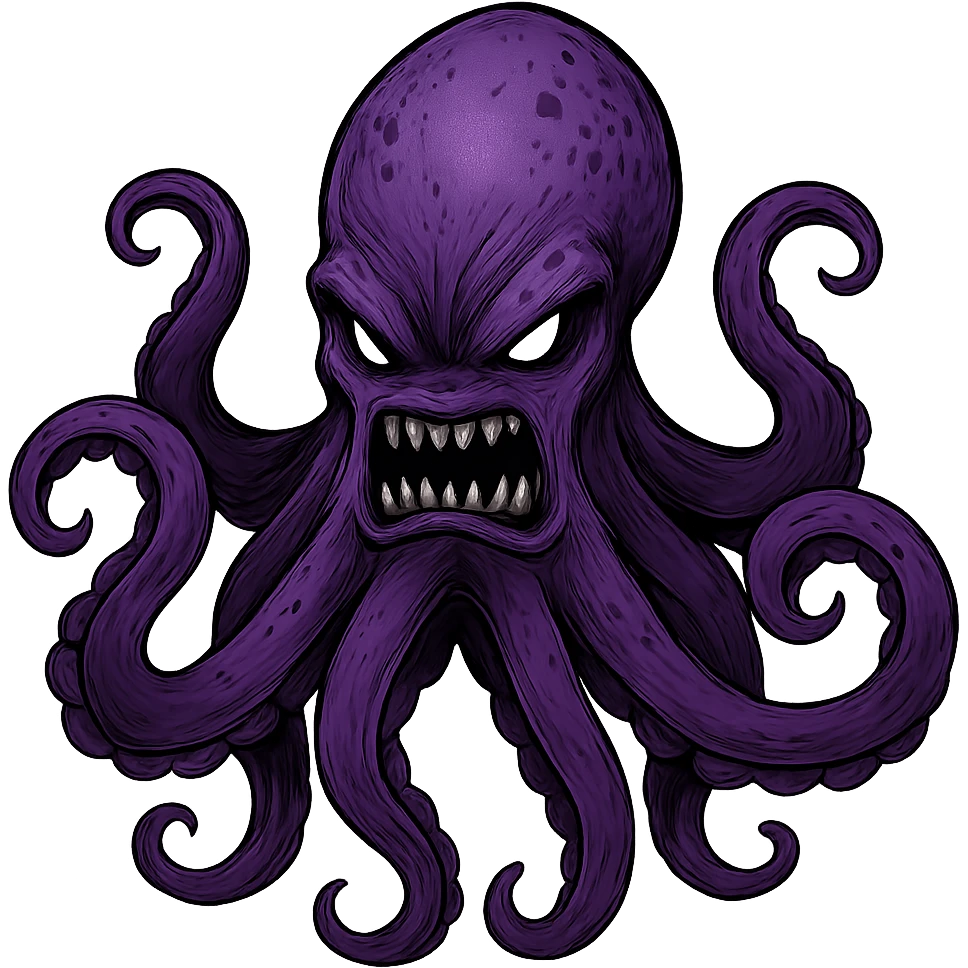 Remove the nose, make the octopus look scary, keep the purple color, with no background. Maintain the original style and details of the octopus while making it look scary and purple. emoji