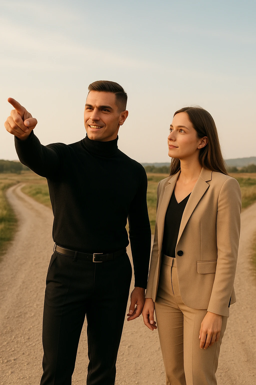 Editorial photo of a confident man standing at a crossroads, pointing decisively toward a clear path ahead. Beside him, a woman looks at him with trust and readiness to follow. Both are well-dressed, the setting is an open landscape with soft, natural light. The mood is one of leadership, guidance, and partnership. emoji