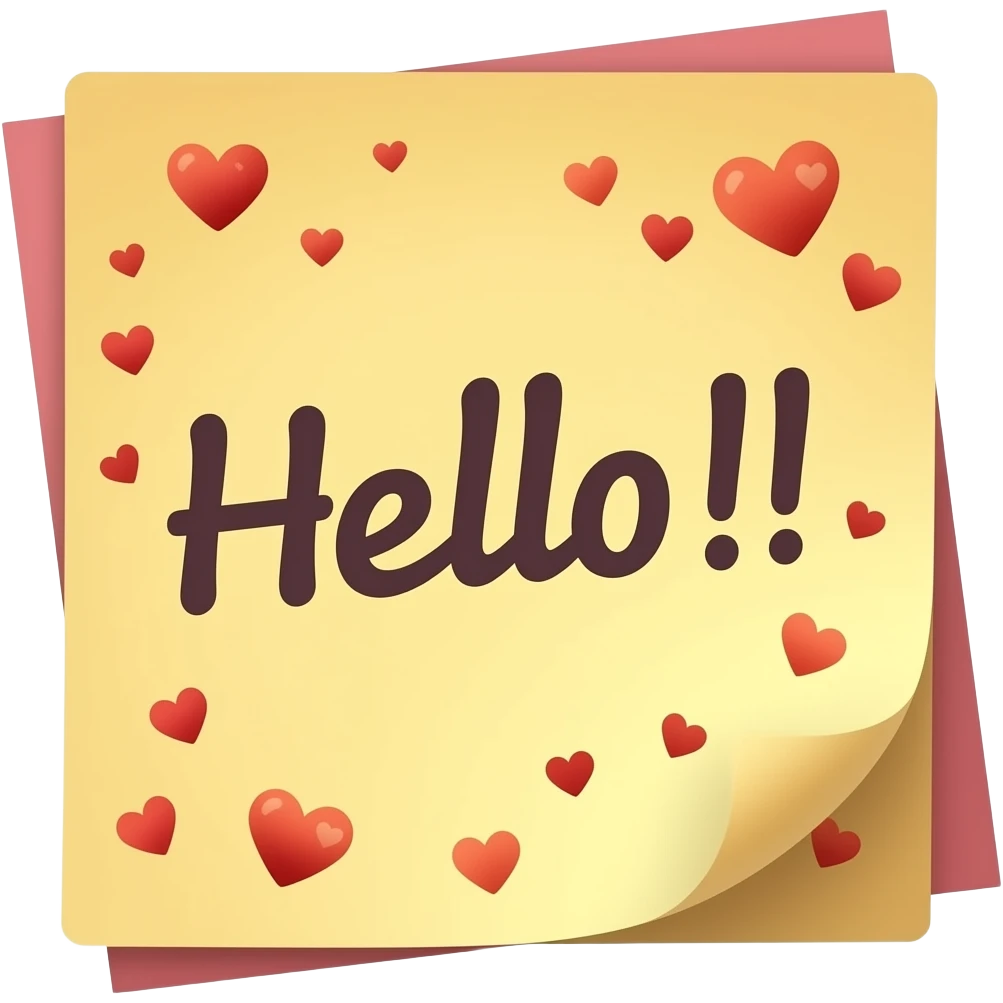 Sticky note that says "Hello!!" with many tiny hearts in transparent emoji
