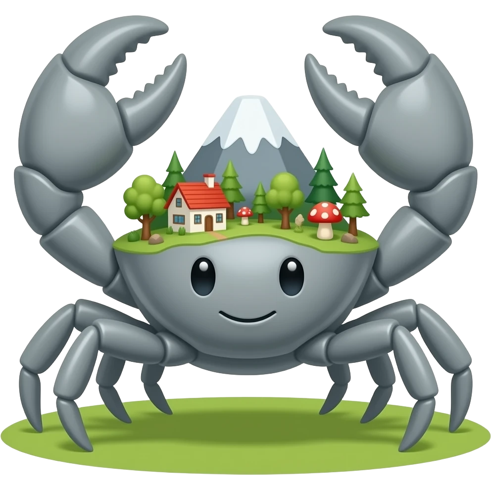 A Gray crab with houses on top of its shell in trees on it and also with mushrooms on it  facing forward Giant by mountain emoji