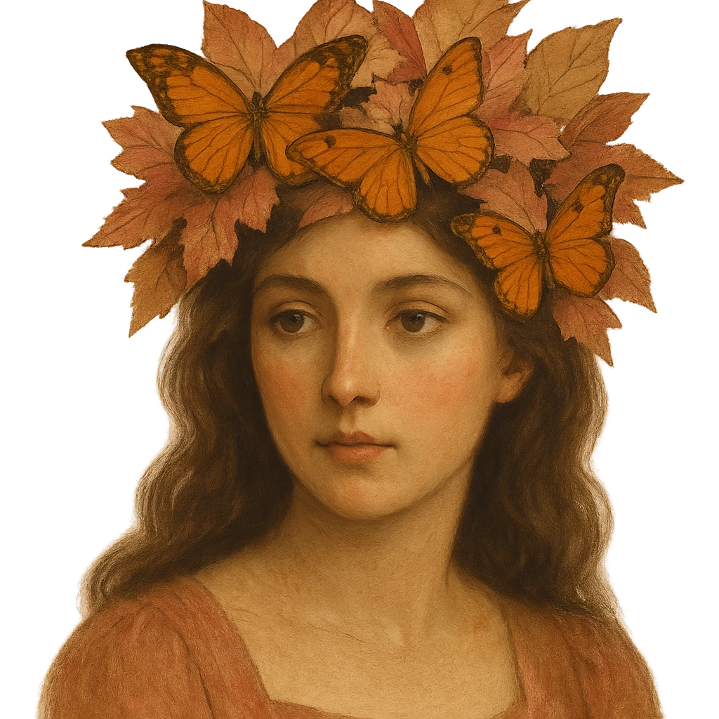 Change the butterfly crown to antique pink with orange butterflies and autumn leaves, vintage and warm. Keep the background transparent. emoji