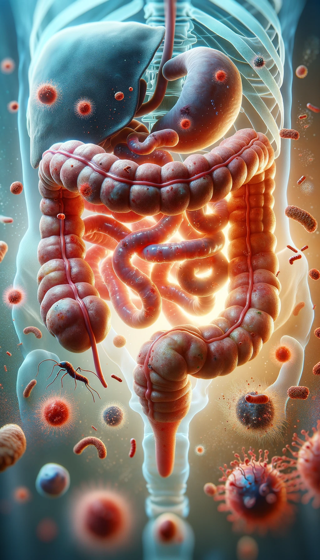 intestino umano realistico con batteri e parassiti che gli fluttuano intorno, sfondo chiaro, iperrealistico 4k emoji