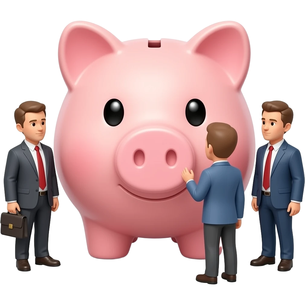 piggy bank and small people standing around it looking at it 3 business man emoji
