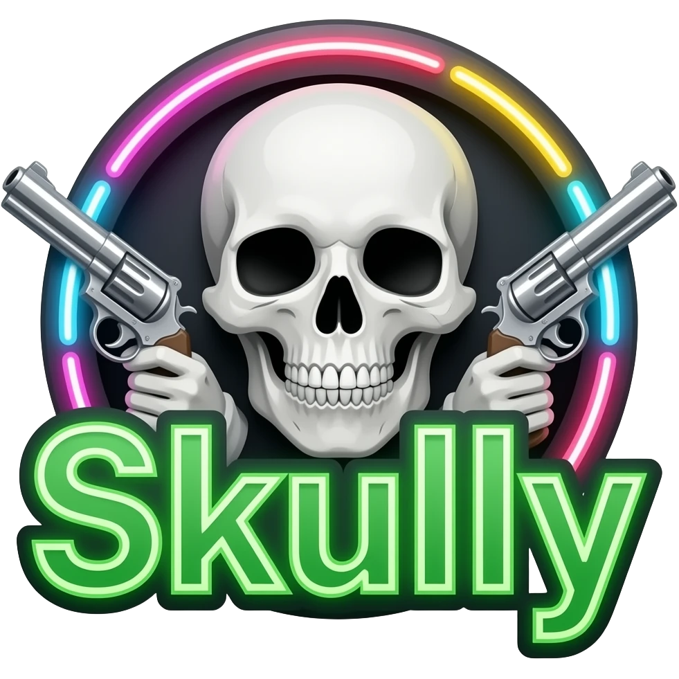 Create me a neon sign that says "Skully" in green with a skull and cross pistols behind it, (the skull and pistols are neon white, grey, and assorted colors) emoji