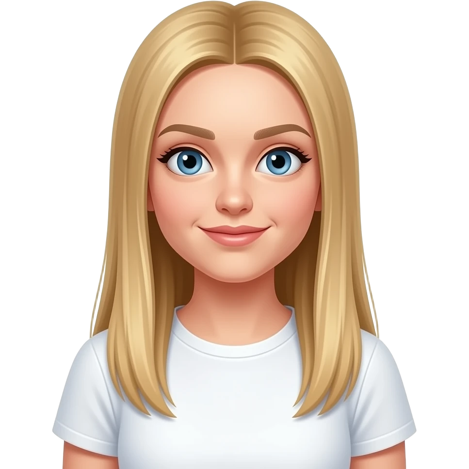 bella ragazza russa bionda capelli lisci lunghi e occhi chiari, con maglietta bianca e silly emoji