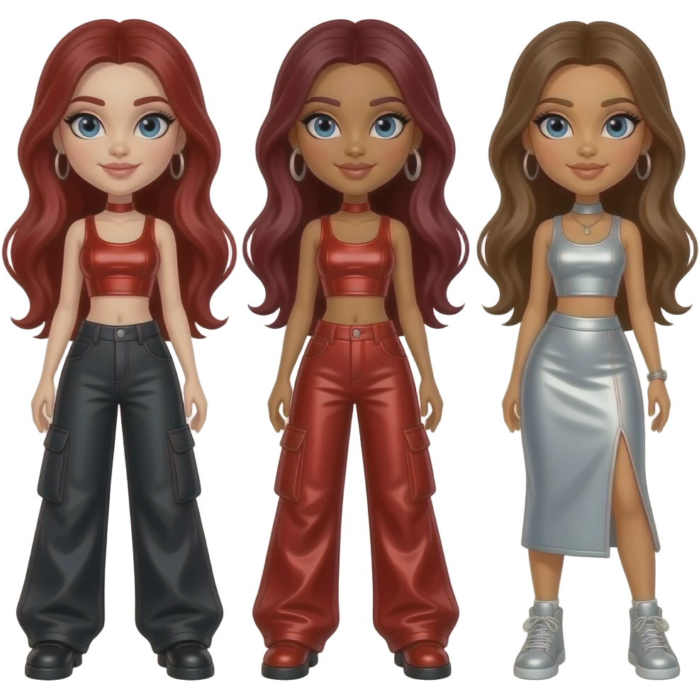 Bratz with Roxxi with blue eyes, long dark red hair, red metallic crop top and baggy pants, Nevra with tan skin, blue-grey eyes,long brown hair, silver crop top and long skirt emoji