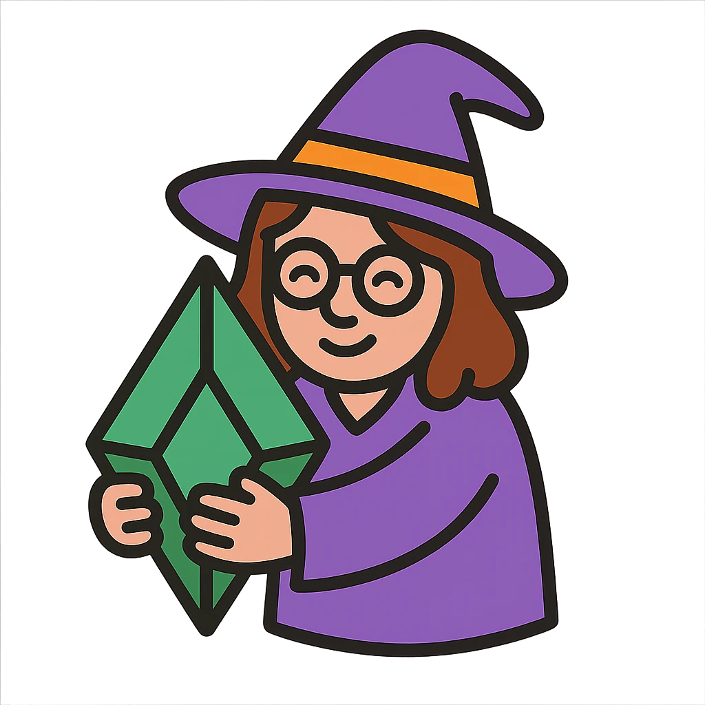 witch with brown hair and glasses hugging a Plumbob, color outline icon style, playful and friendly emoji