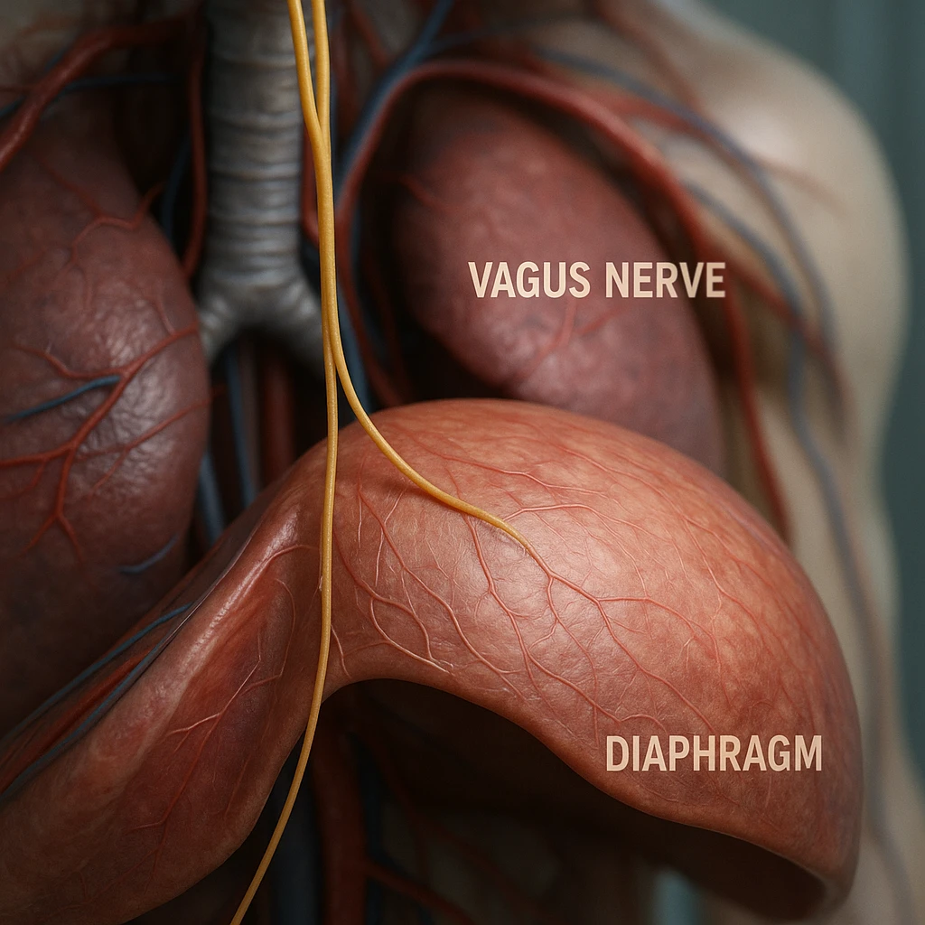 vagus nerve connecting to the diaphragm, hyper realistic 4K style, anatomical details, clinical atmosphere emoji