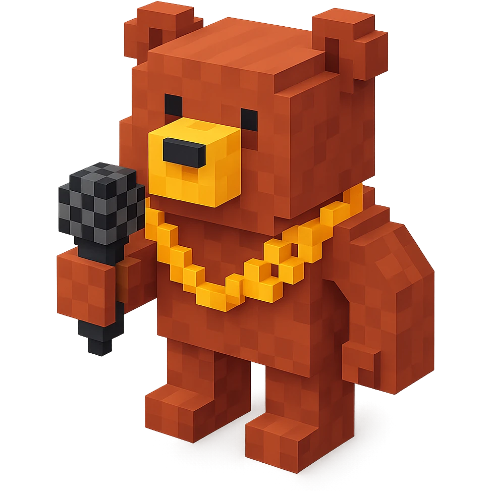 Russian grizzly bear with a rapper chain, holding a microphone emoji