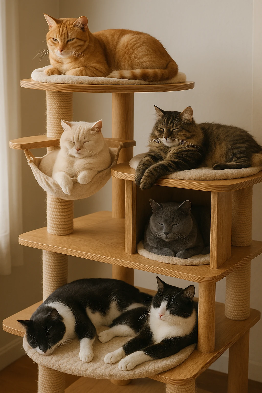 cats relaxing in a vertical playhouse emoji