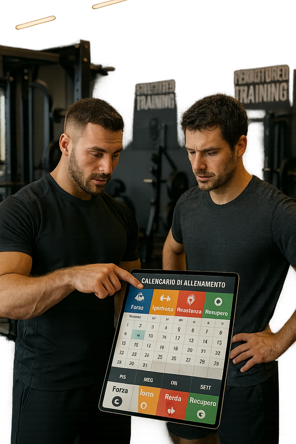 realistic cinematic photo a personal trainer and a client stand in a modern gym, reviewing a large, color-coded training calendar or chart on a tablet. The calendar shows different phases (Forza, Ipertrofia, Resistenza, Recupero) with icons and dates. Around them, gym equipment and motivational posters reinforce the idea of structured, periodized training. in italiano emoji