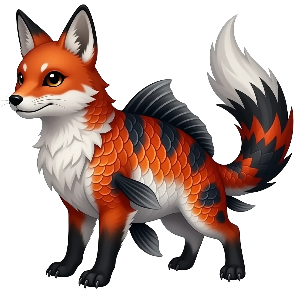 Feral Rare Fantasy scaly evil spooky vibrant dark shady shaded detailed koi-fish-colored colorful Vernid-Sergal-Genet-Trico-Fox-species by LiLaiRa, with dark-blackish points, white belly, random markings, tufted tail, tufted ears, full body emoji