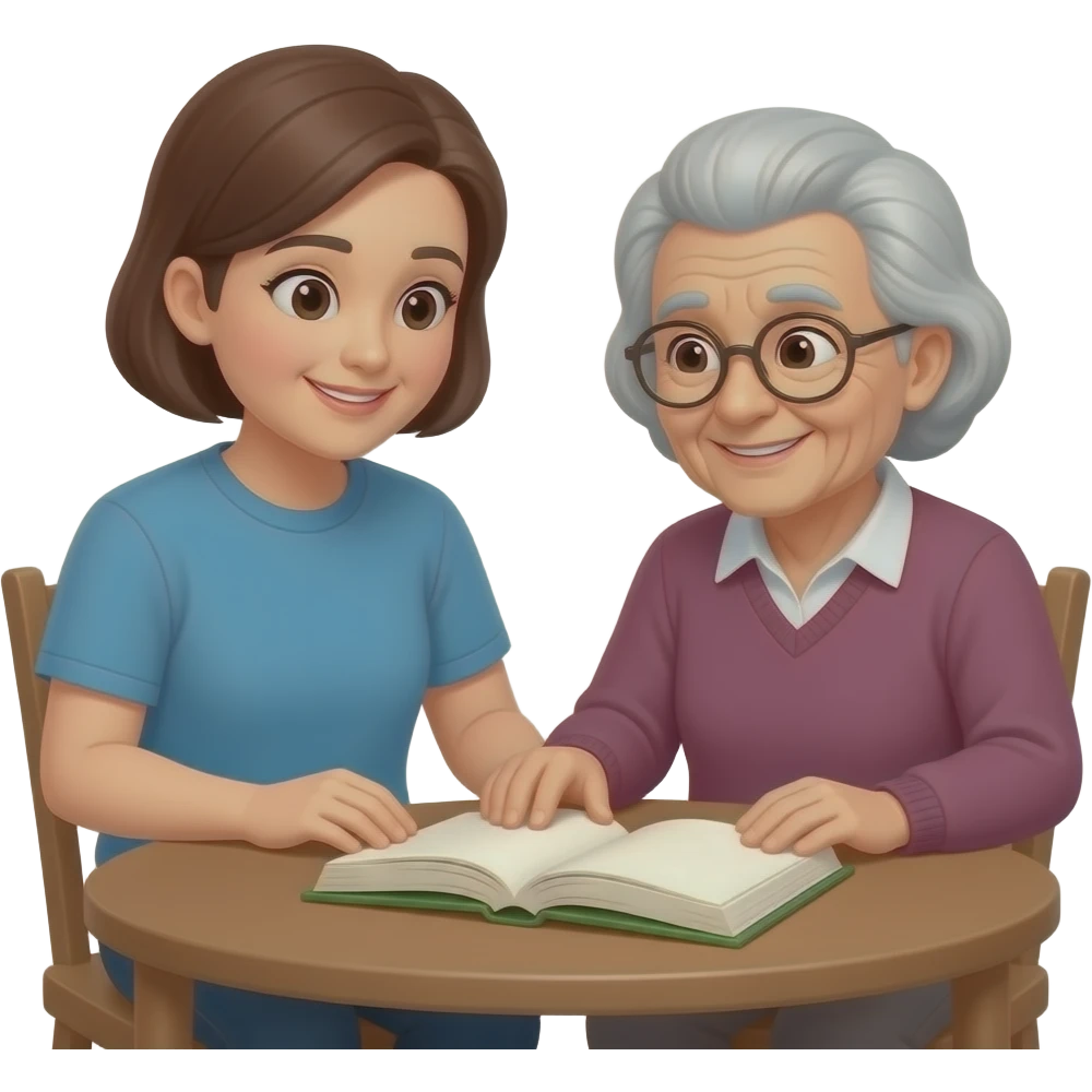 one adult showing an older adult how to read sitting at a table with one book flat on the table emoji