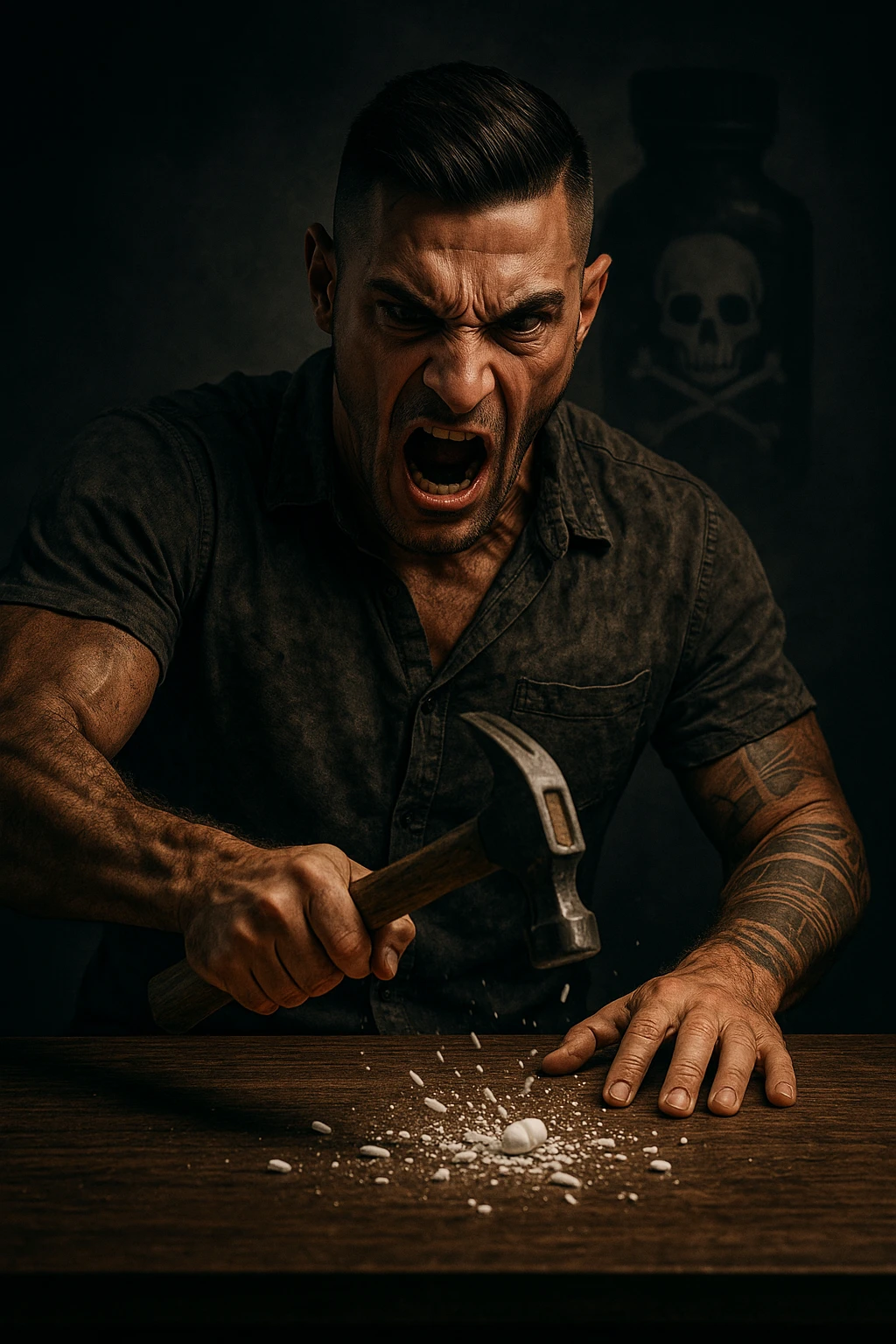 "Angry man crushing prescription pill with hammer on wooden table, expression of righteous fury against medical establishment, pill fragments scattering like defeated enemy, medicine bottle labeled with skull and crossbones in his mind, dramatic lighting showing his determination to reject pharmaceutical control, freedom from chemical dependency symbolized through destruction" emoji