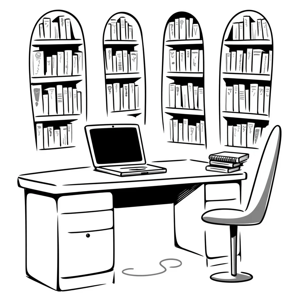 A cozy library with curved bookshelves and an open old-school laptop

 emoji