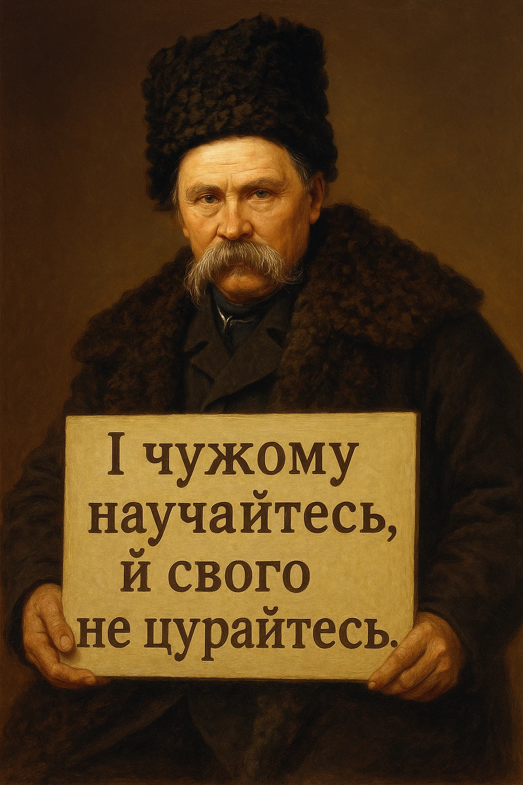 Add a sign held by the character with the text: "І чужому научайтесь, й свого не цурайтесь". Keep the style consistent with GPT Image style. emoji