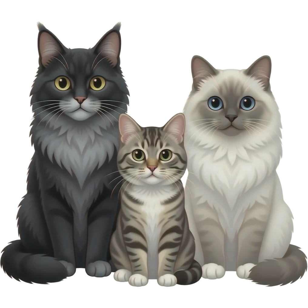 3 cats together. 2 Maine Coon cats. 1 is Black with grey chest. 2 is slightly smaller grey, white and black tabby. And 1 Ragdoll cat. White with grey face and tail. Legs grey with white feet. emoji