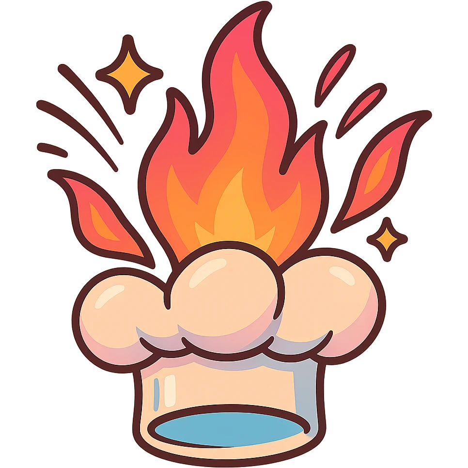 chef's hat explode with trails of fires, toon, playful, magic flame neon orange to neon pink gradient, vibrant, flame matching style reference file emoji