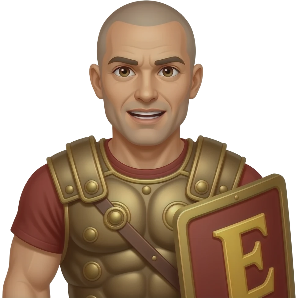 Muscular Roman soldier bald with brown eyes the Letter E on the shield horney emoji