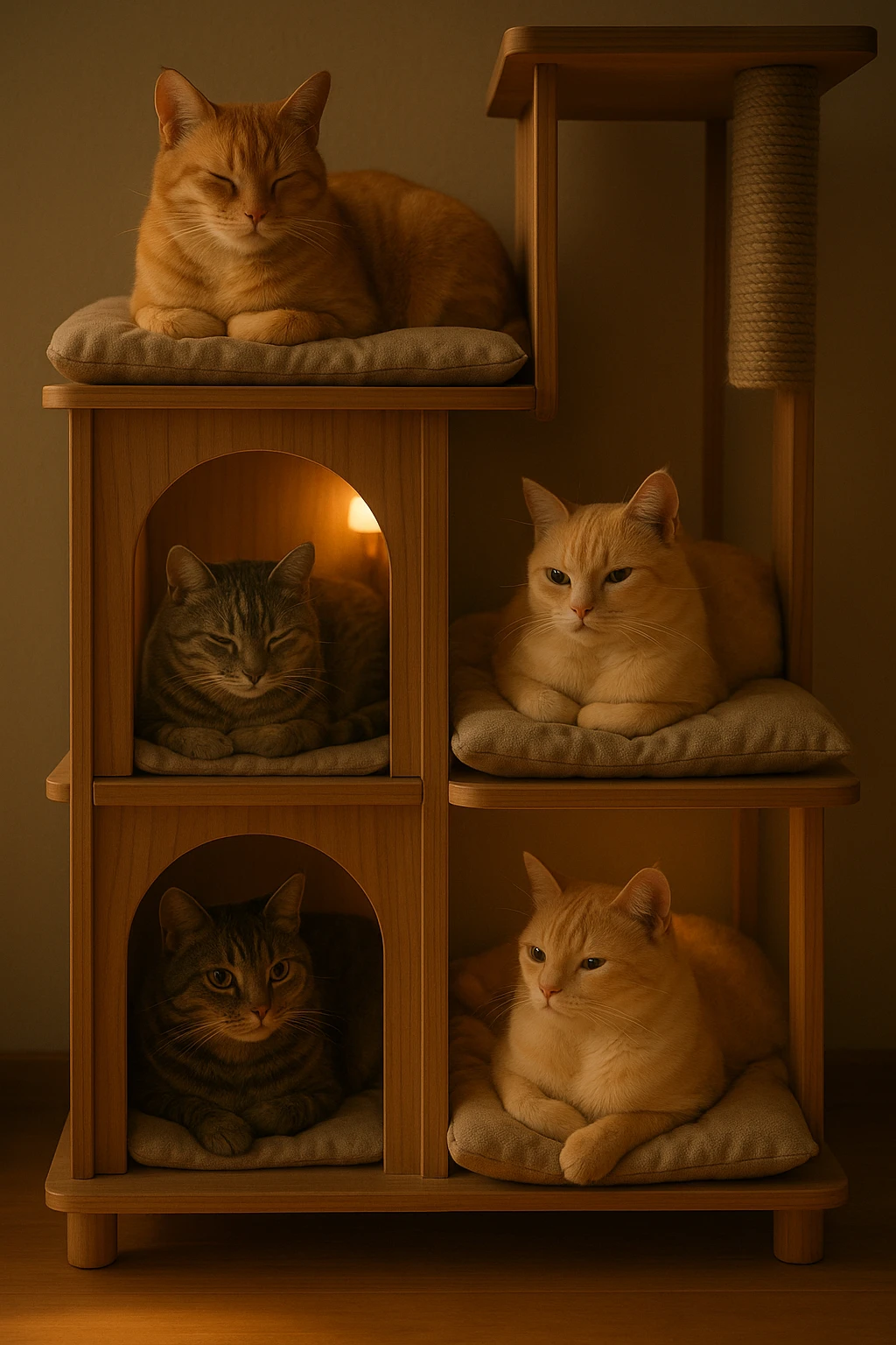 cats relaxing in a vertical playhouse emoji
