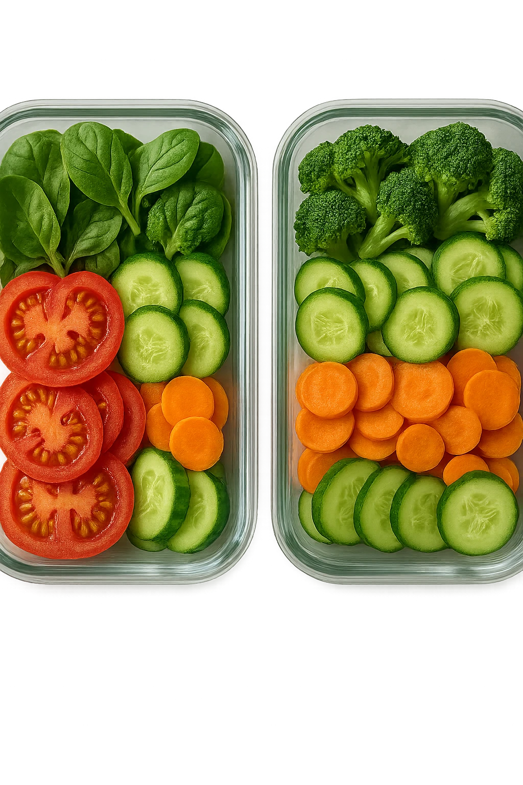 verdure tagliate e sistemate in due schiscette di vetro viste dall'alto, iperrealistico 4k emoji