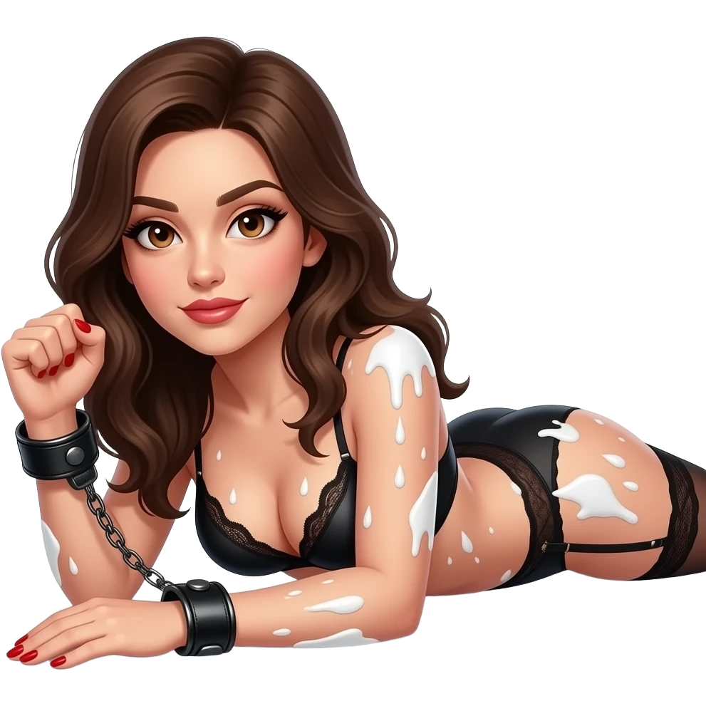 Sexy brunette brown eyes laying on stomach on knees legs wide in black lingerie covers all over with splattered chunky whitecake batter with clenched fist and one red nails black leather hand cuffs emoji