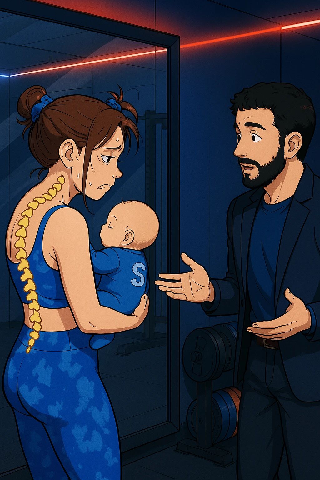 ispirati a questo stile di disegno e fai questa immagine in versione manga/webtoon a colori, il manga mostra la donna che si guarda alla specchio preoccupata di profilo con la postura sbagliata e incurvata, spalle chiuse e curve in avanti, con un neonato in braccio con una tutina azzurra e la scritta "S" sulla schiena, spina dorsale storta della donna in evidenza mentre al suo fianco anche l'uomo guarda la donna riflessa nello specchio e le spiega una cosa, ma non fare i fumetti, fai come se stessero parlando emoji