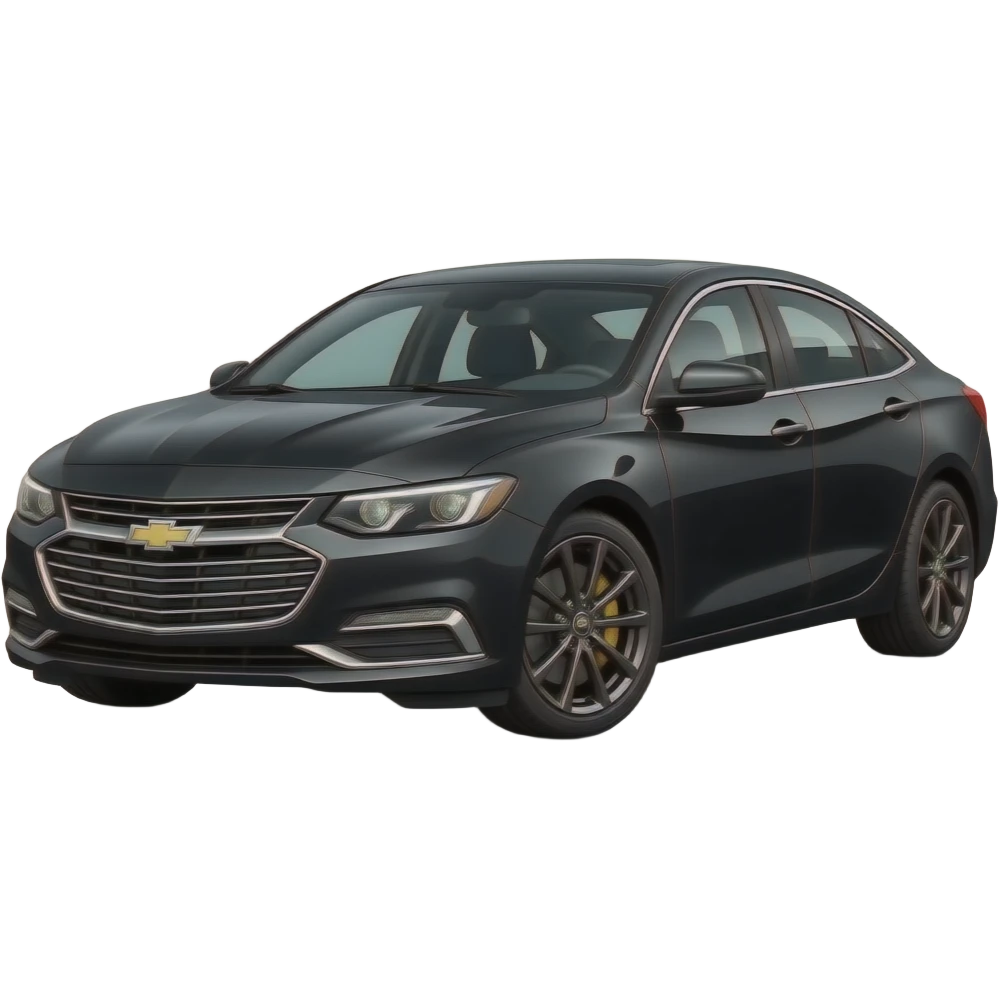 A realistic, high-detail photograph of a glossy black Chevrolet Malibu 2 Turbo Premier sedan with tinted windows and black alloy rims, bright LED headlight balls emitting a dinamic brighting glowing effect emoji