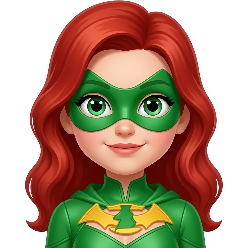 quiero que me hagas a una superheroina con el pelo pelirrojo mascara verde i con un traje verde que sea una niña sin orejas emoji