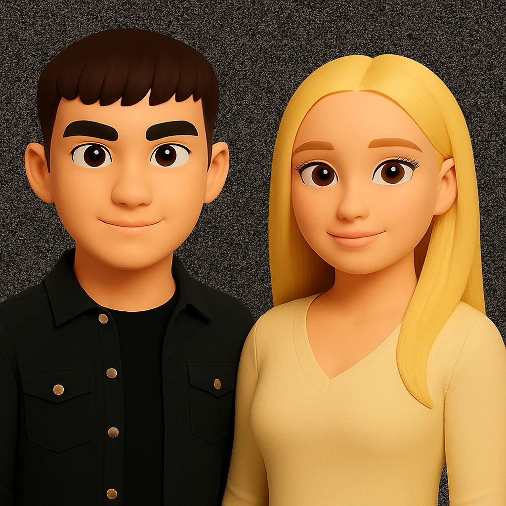 Make the people in the image stand slightly farther apart from each other while preserving the original style and background. emoji