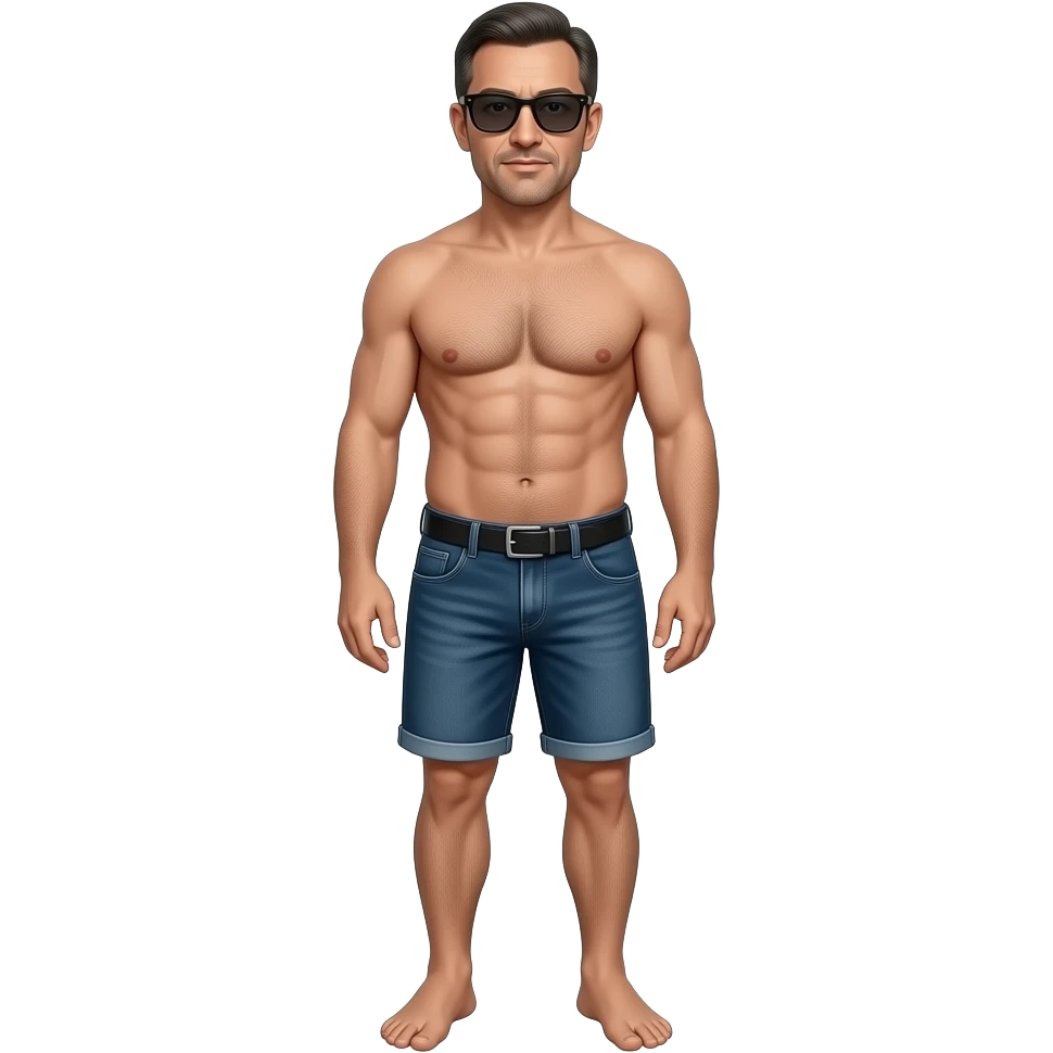 A guy, wearing sunglasses, 50 year old, full length, naked. emoji