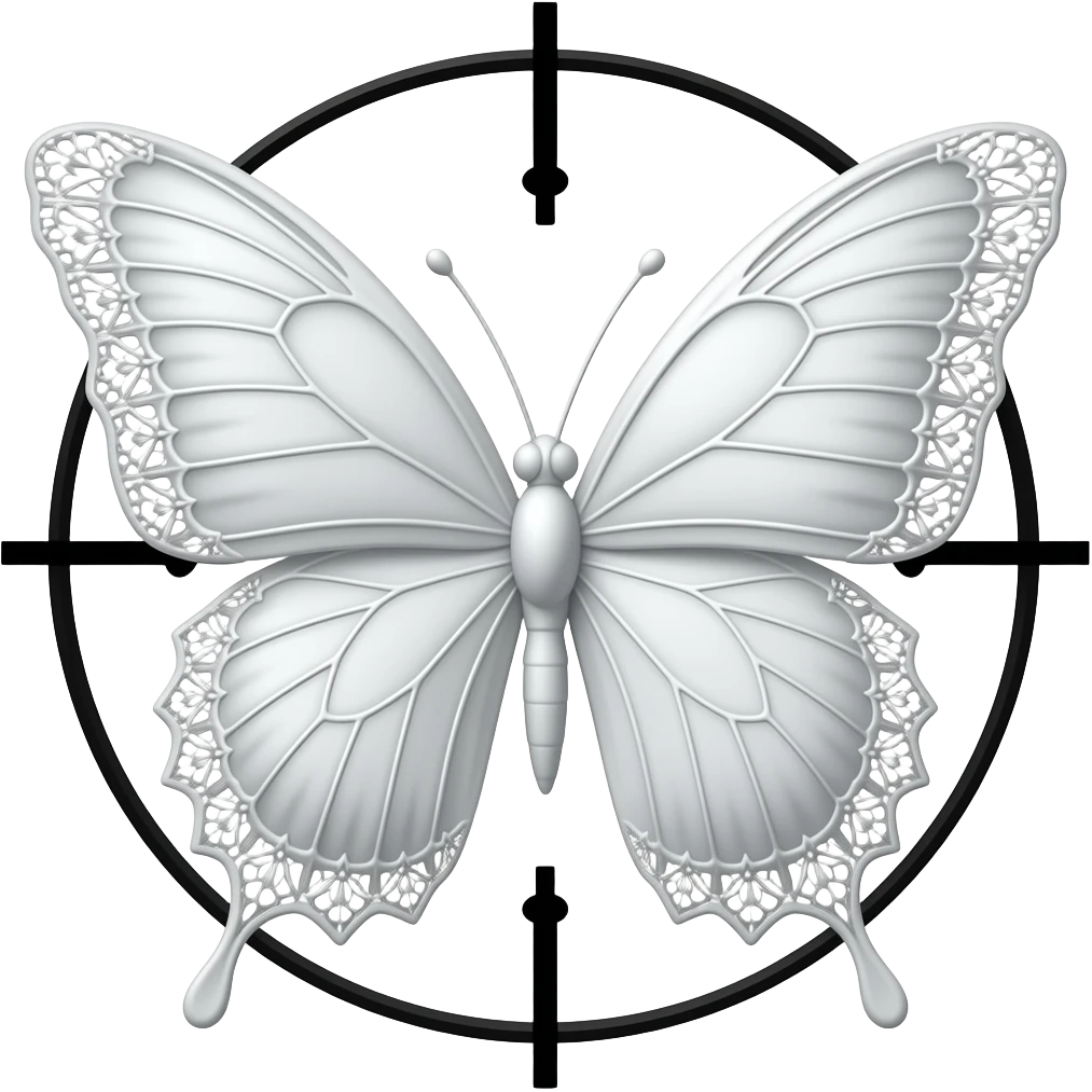 subtle elegant white butterfly, 3D emoji gothic butterfly, white velvet, white filigree, white lace trim, black sniper crosshair emoji