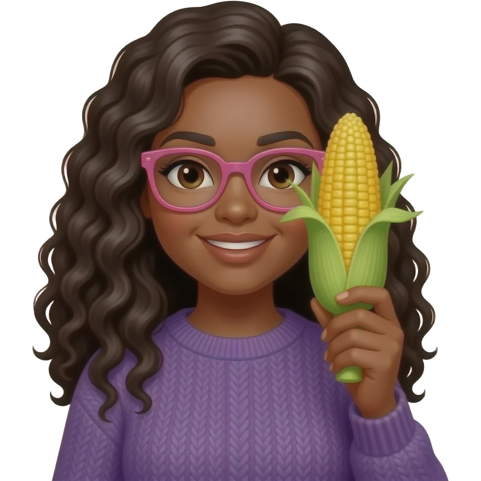A curvy black pale light skinned woman with long curly hair with a side part, and pink glasses, wearing a purple sweater and holding an ear of corn in front of her face emoji