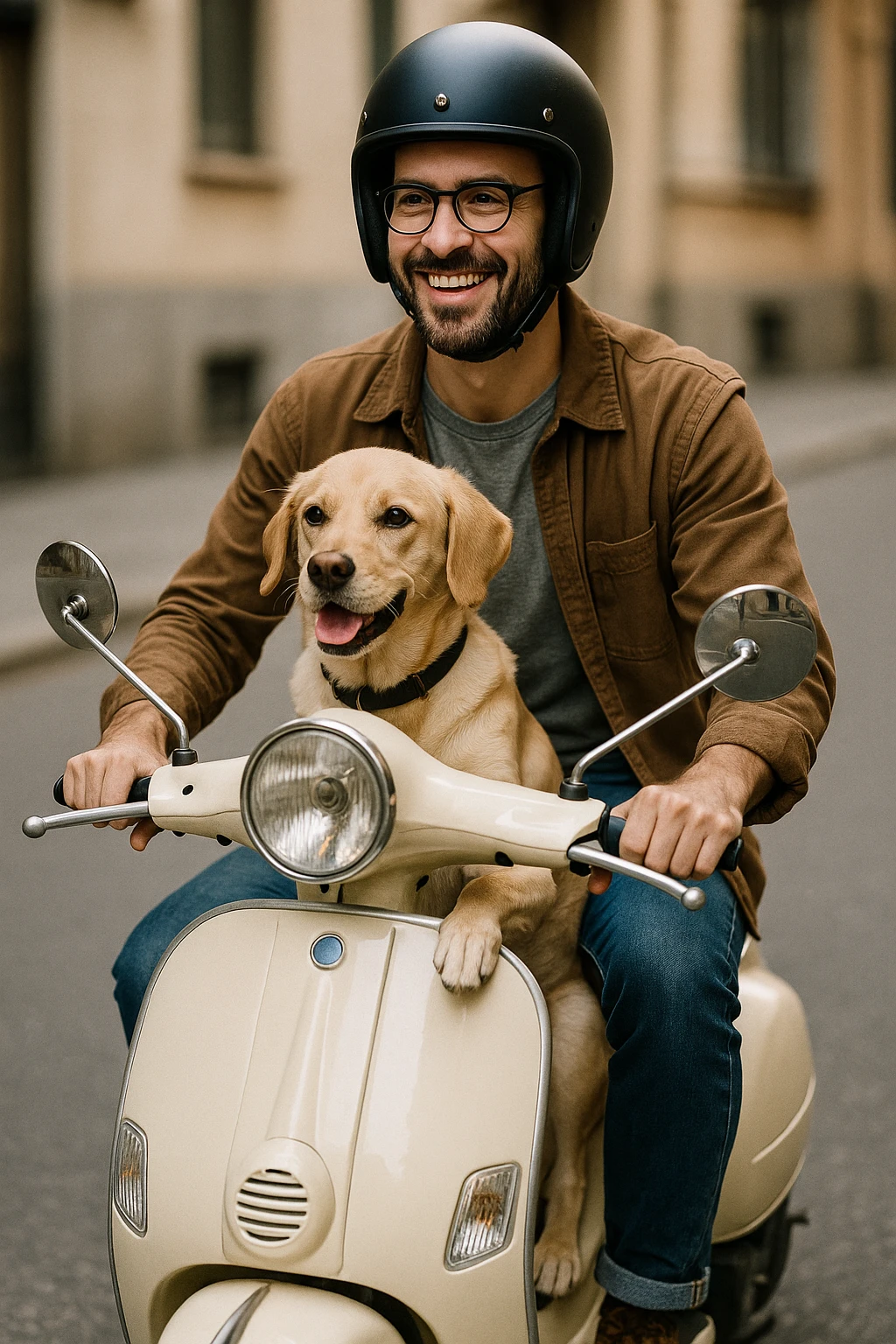 man and his pet dog riding a vespa emoji
