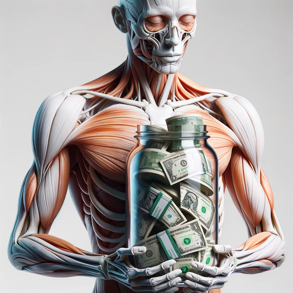 corpo umano anatomico che ha in mano un barattolo di vetro pienissimo di banconote, iperrealistica 4k, isolato su sfondo bianco emoji