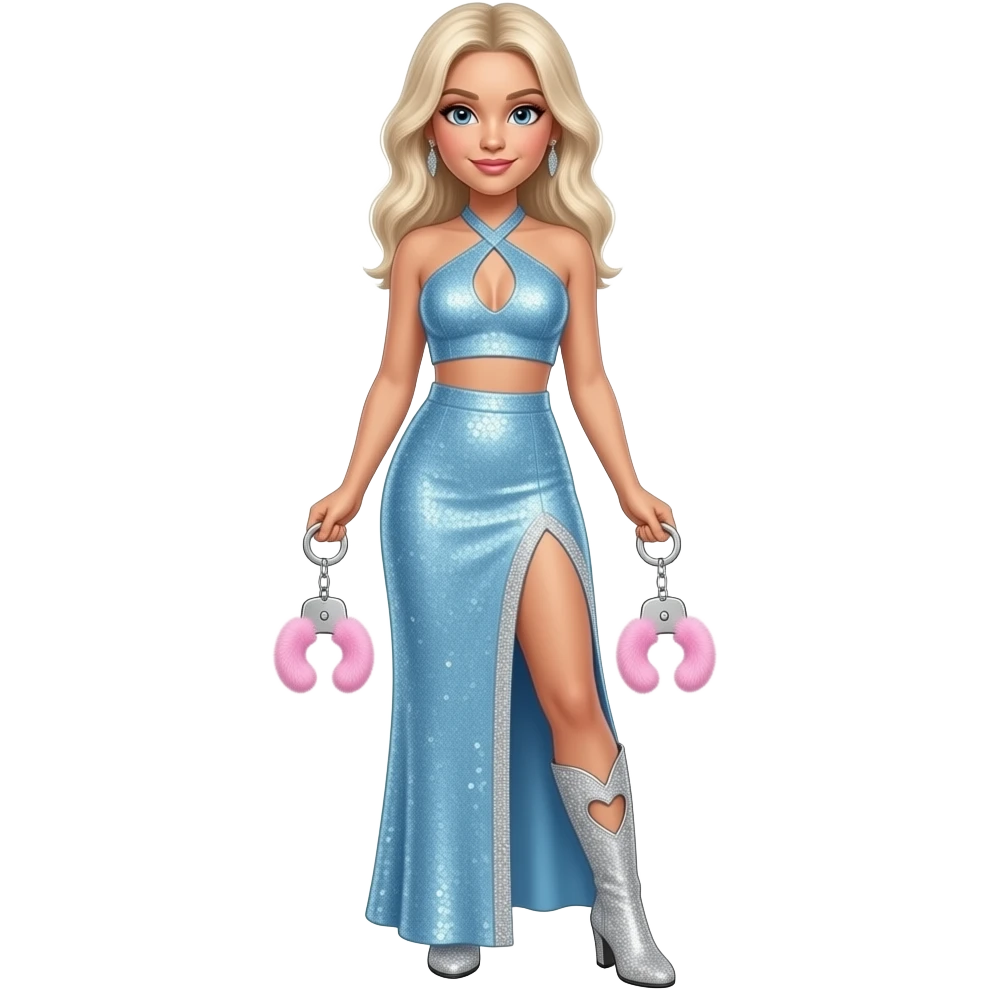Sabrina Carpenter platinum blonde hair wears a baby blue sequined two-piece set featuring a halter-style crop top with a pointed hem and a matching floor length skirt . edged in silver glitter trim. Silvery glittery rhinestone boots with heart cut out at side. Holding pink furry handcuffs emoji