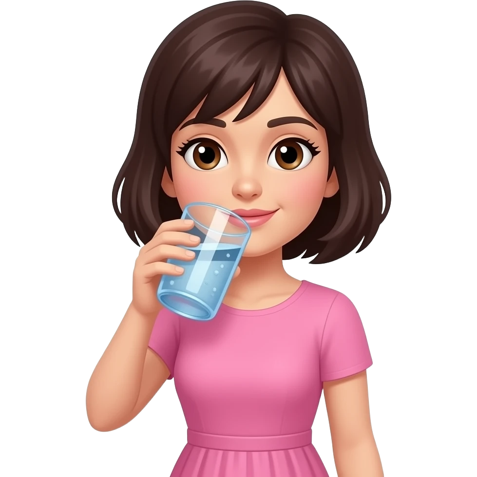 chica de cabello oscuro y corto, con ojos color cafe, con vestido color rosa, tomando agua emoji