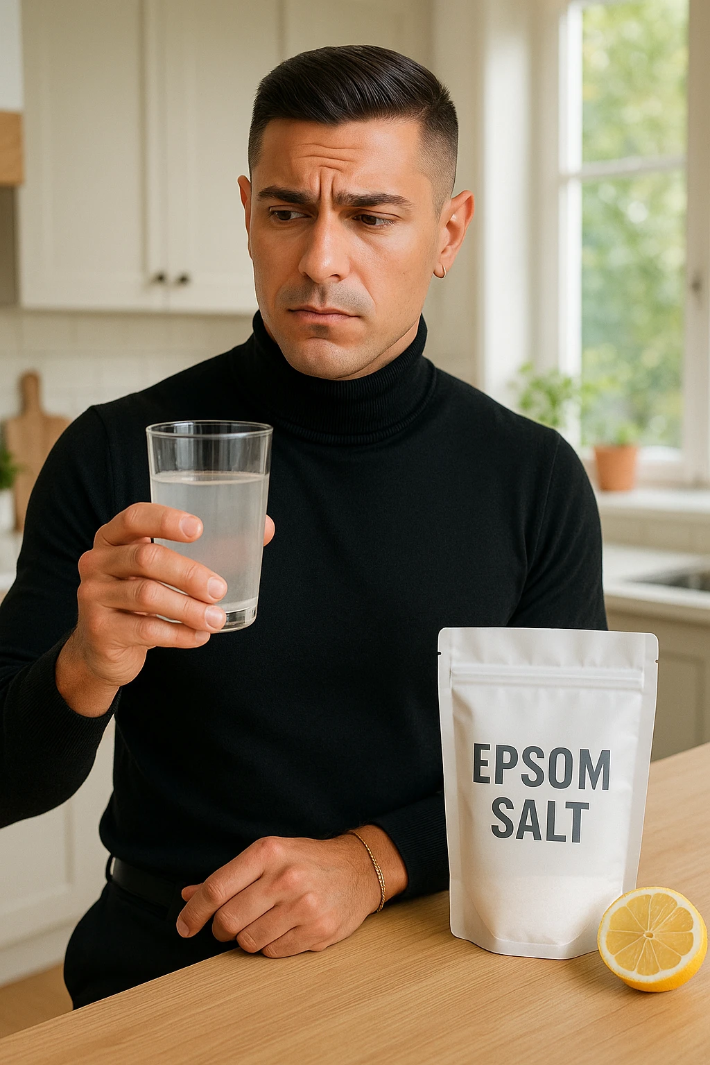 A realistic, bright photo-style image of a young man in his 30s standing in his kitchen, holding a clear glass filled with water in which Epsom salt (magnesium sulfate) has been dissolved. He looks focused but slightly uncertain as he prepares to drink it for a liver flush or digestive cleanse. The glass shows slight cloudiness from the dissolved salt. On the counter are a packet labeled 'Epsom Salt' and a sliced lemon, suggesting he might use it to mask the taste. The setting is clean, natural, and bright with neutral tones. The background shows sunlight streaming through a window, emphasizing a clean, minimalist health-focused environment. The mood conveys a realistic, calm moment of self-care with a hint of discomfort, illustrating a natural detox practice emoji