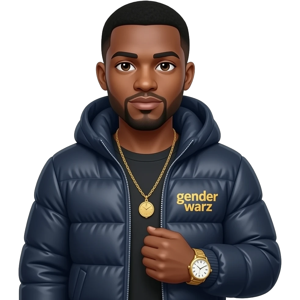 Black guy named Stackpack puffy jacket that says gender warz on it. Gold watch emoji