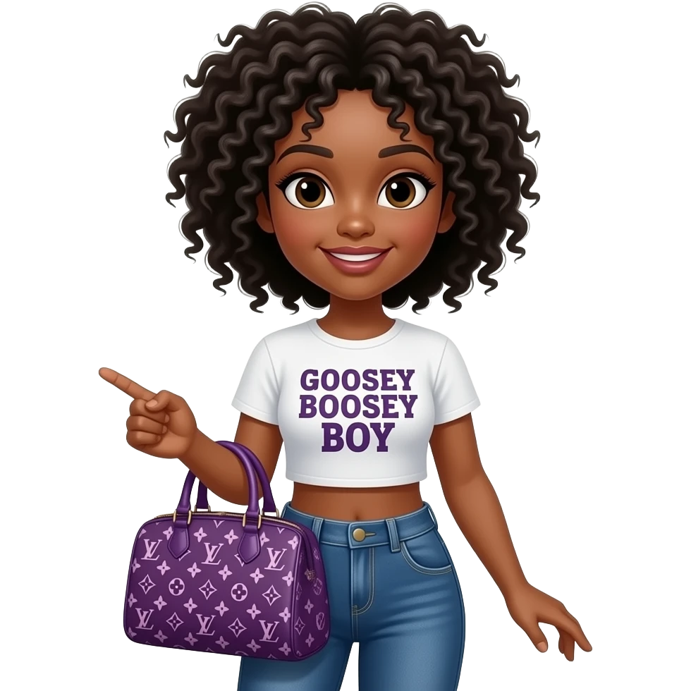 Very, very hyper, realistic, black girl wearing cute dark washed jeans, holding a purple Louis Vuitton bag has very very very extremely realistic Afroand is wearing a cropped top shirt that says GOOSEY BOOSEY BOY emoji