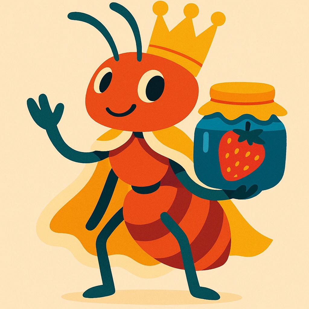ant king with crown, holding strawberry jam, fun and whimsical emoji