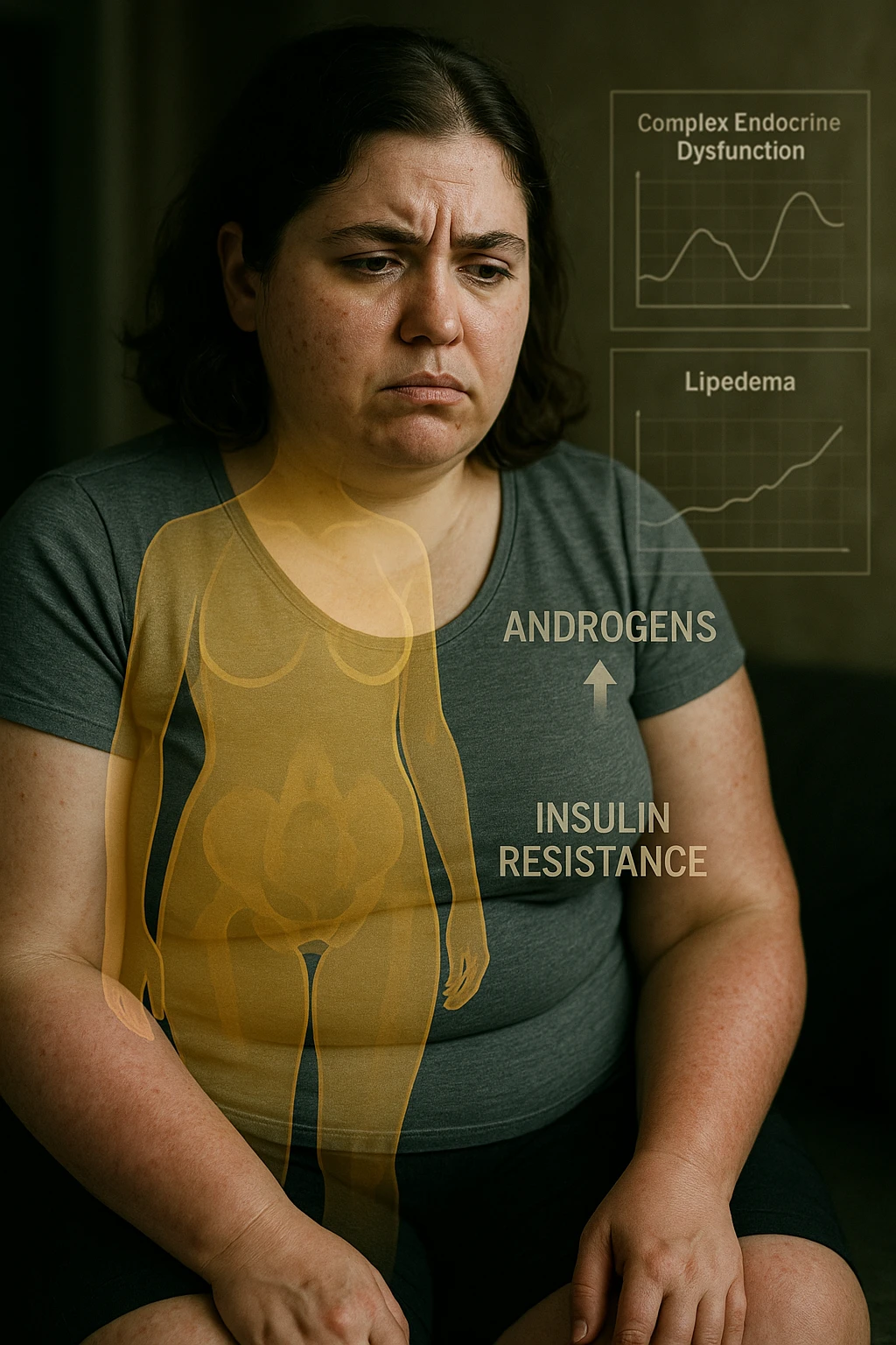 cinematic realistic in italiano Woman with PCOS struggling with hormonal chaos, transparent overlay showing elevated androgens and insulin resistance affecting her body, lipedema causing disproportionate fat accumulation in legs and arms despite normal torso, expression of frustration with unexplained weight gain, medical charts showing complex endocrine dysfunction, painful swollen limbs contrasting with metabolic confusion emoji