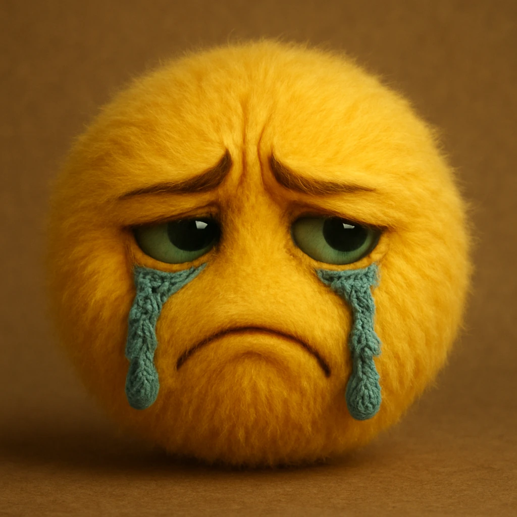 a yellow furry ball face showing sadness and envy, with fur-textured tears and realistic emotional expression emoji